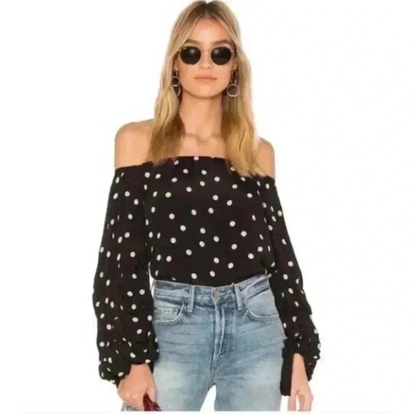 Lovers + Friends Top Sz S Off The Shoulder Polka Dot Bubble Balloon Sleeve - Picture 2 of 13